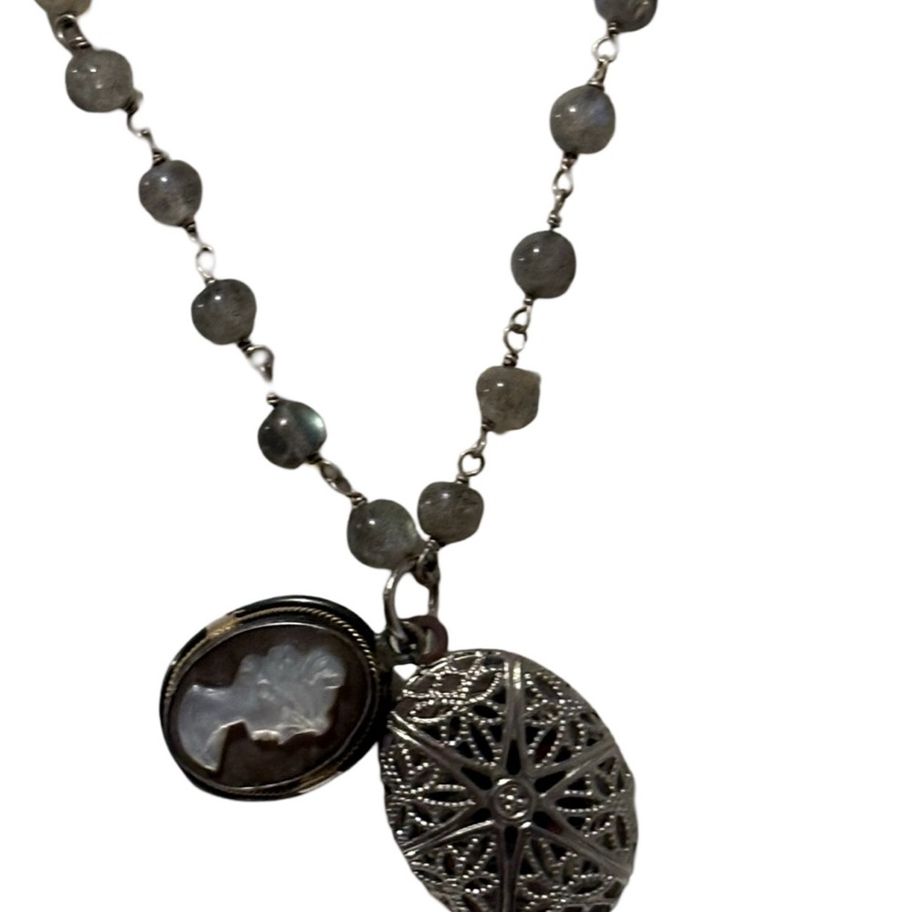 Antique/Vintage Locket Cameo Double Pendant Sterling Beaded Necklace Jewelry